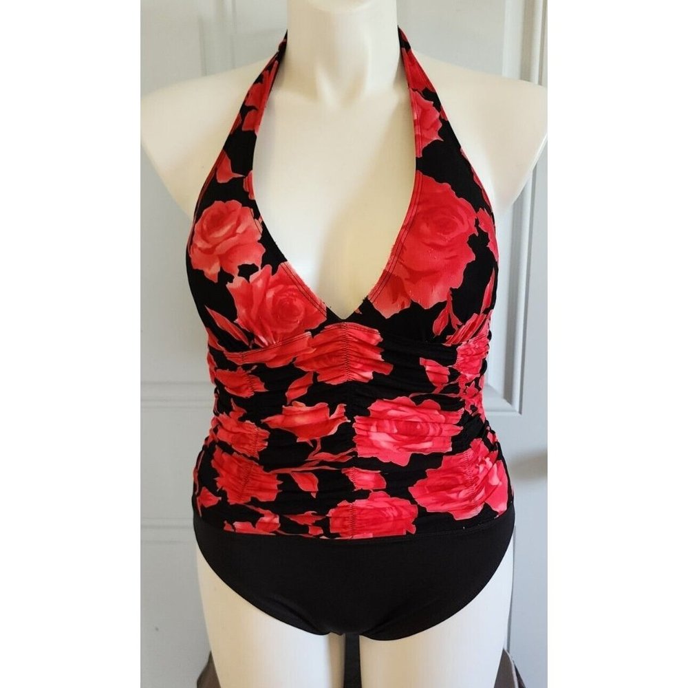 Miraclesuit Ruched Deep V Neck Halter Swim Suit Floral Print Red/Black Size 10